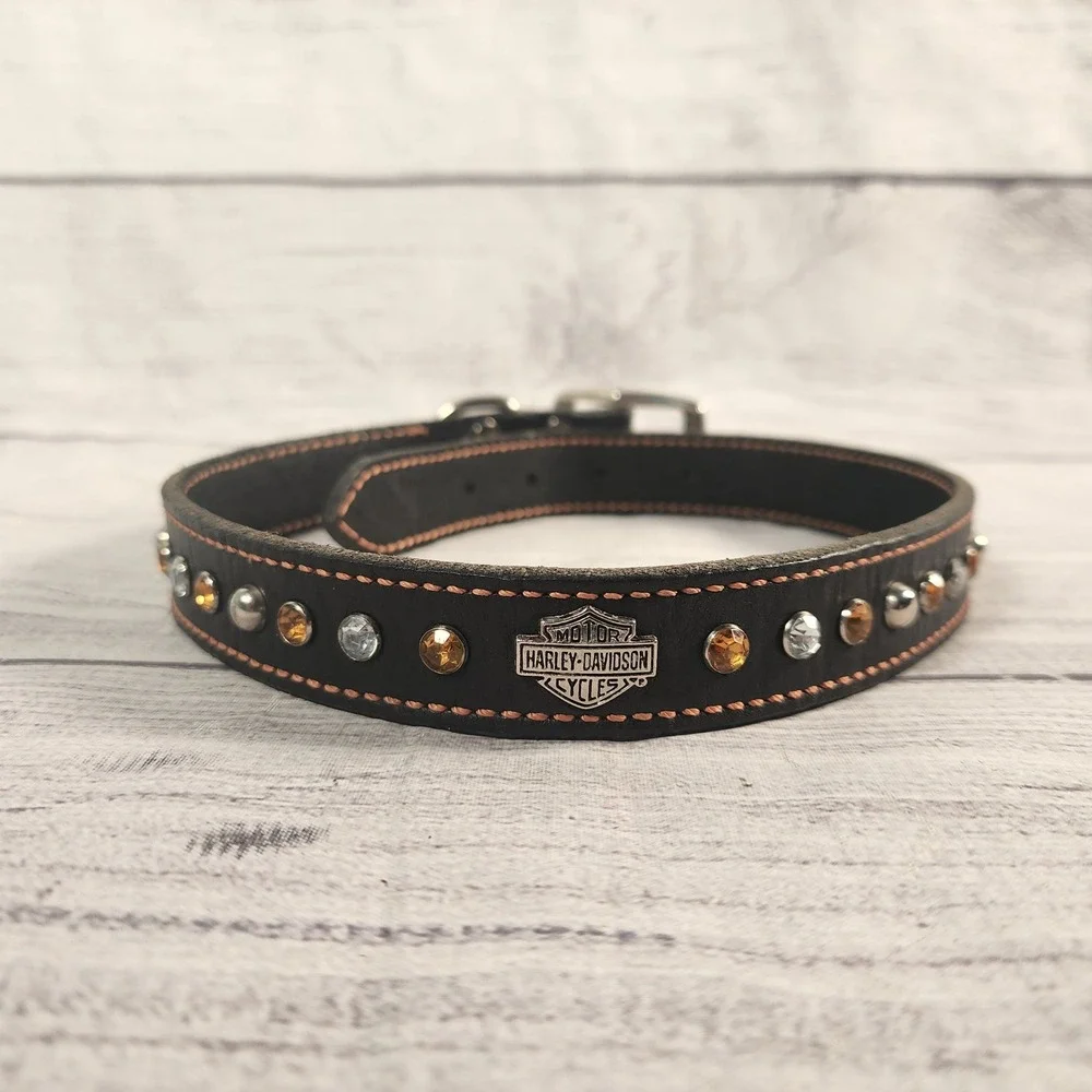 Harley Davidson Black Leather Dog Collar Crystal Studded Bar Shield Logo 24in